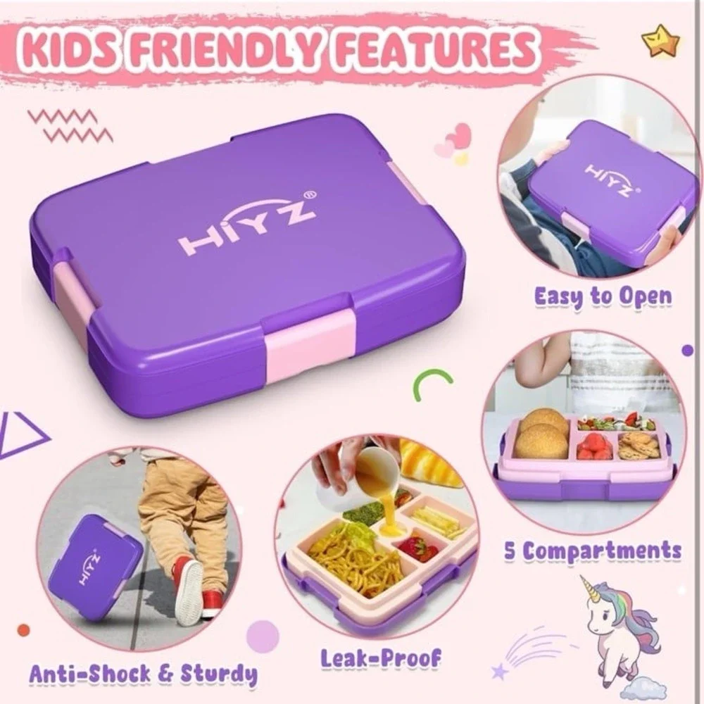 HiYZ Bento Box for Kids, kids lunch box with 5-Compartment, Kids bento Lunch Box